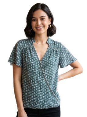 Max Studio Green Geometric Wrap Blouse with Notched Collar Size M